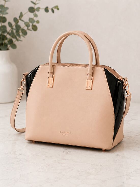 Ted Baker Handbags - TED BAKER  Women's Ashlee Small Leather Tote Bag Camel - Blush Pink/Black Patent